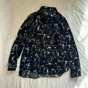Artsy button up shirt black and white printed funky pattern women’s 8 collared